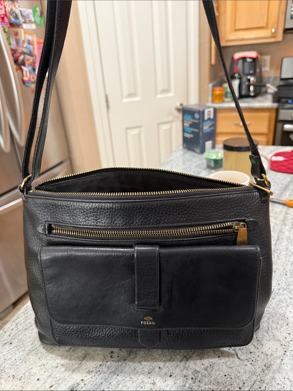 Vintage Fossil Black Leather Messenger Bag with Gold Hardware